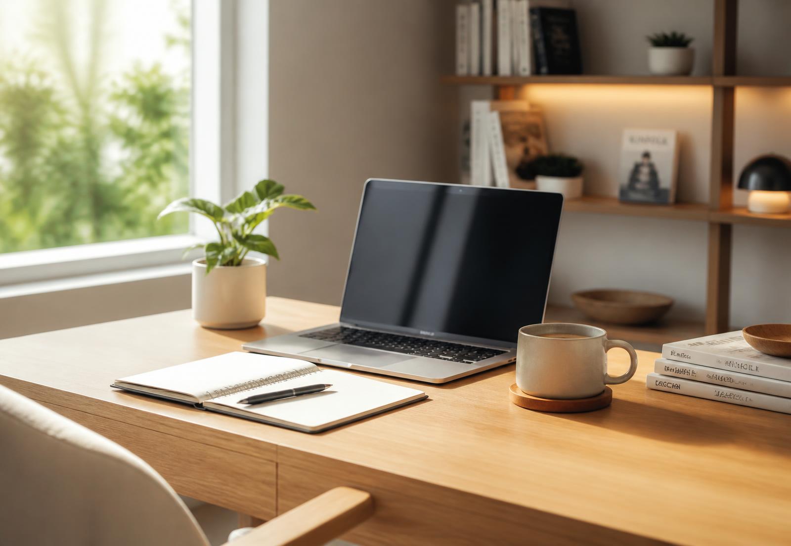 A calm, modern remote workspace with a laptop and notebook